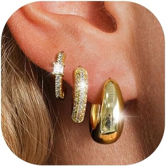 Gold Hoop Earrings Set 14K Gold Plated Pave CZ Earrings Set Three Piercing Set - Picture 4 of 4